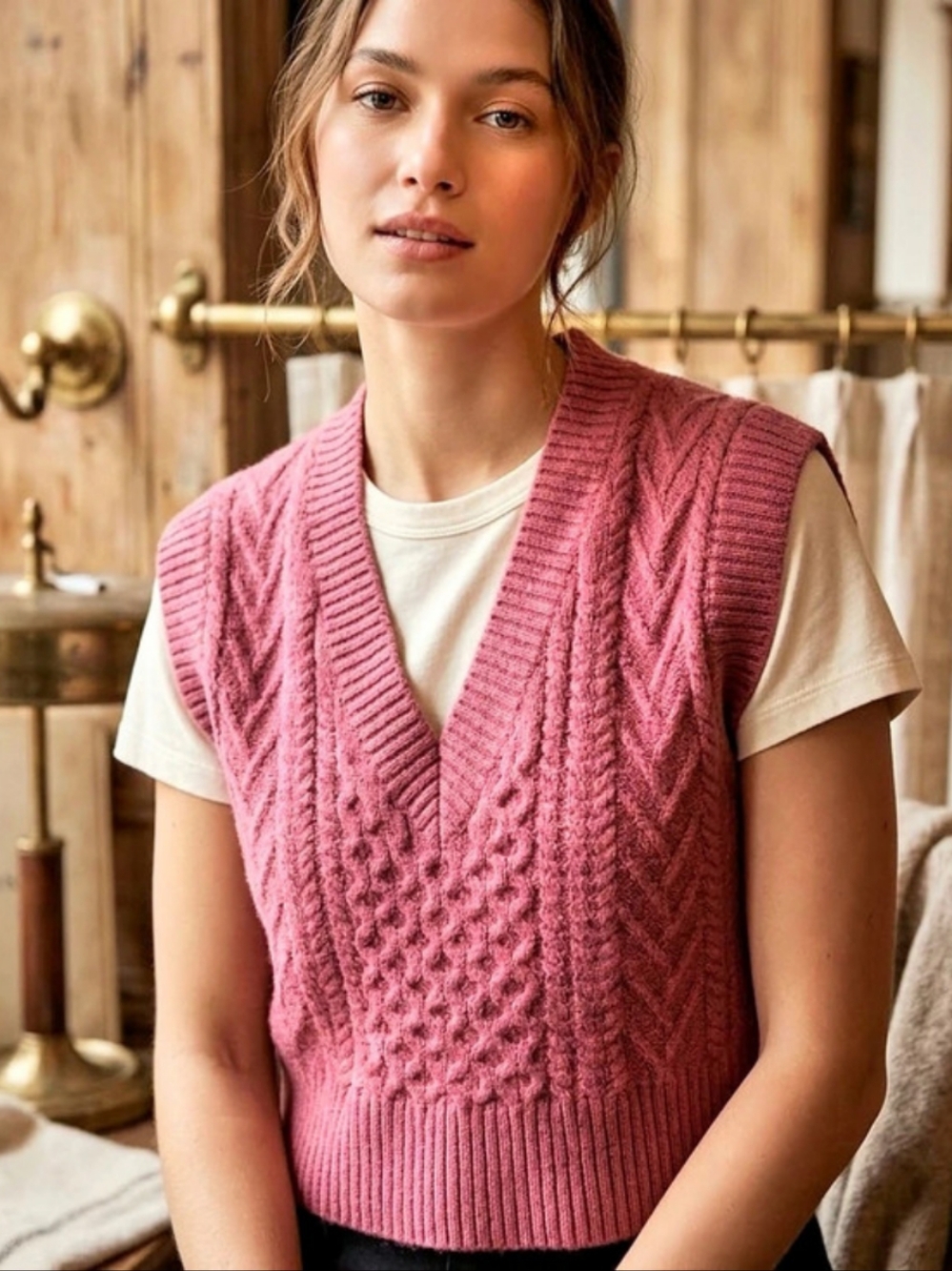 Babaton Aritzia Emporia 100% Merino Wool Cable Knit Sweater Vest Pink M